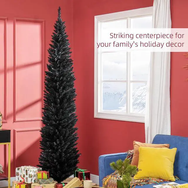 Alt view image 3 of 7 - 8' Artificial Pencil Christmas Tree 618 Realistic Branch Tips Black | Slim Xmas Tree, Plastic Stand