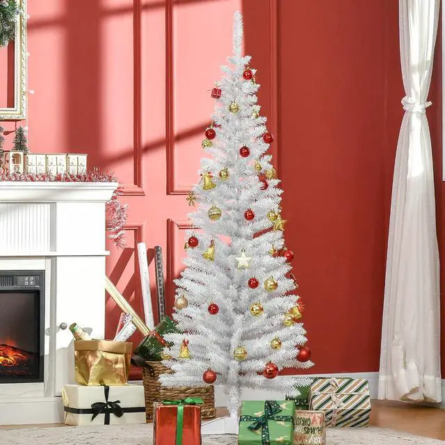 Alt view image 2 of 7 - 5' Artificial Pencil Christmas Tree 294 Realistic Branch Tips White | Slim Xmas Tree, Plastic Stand