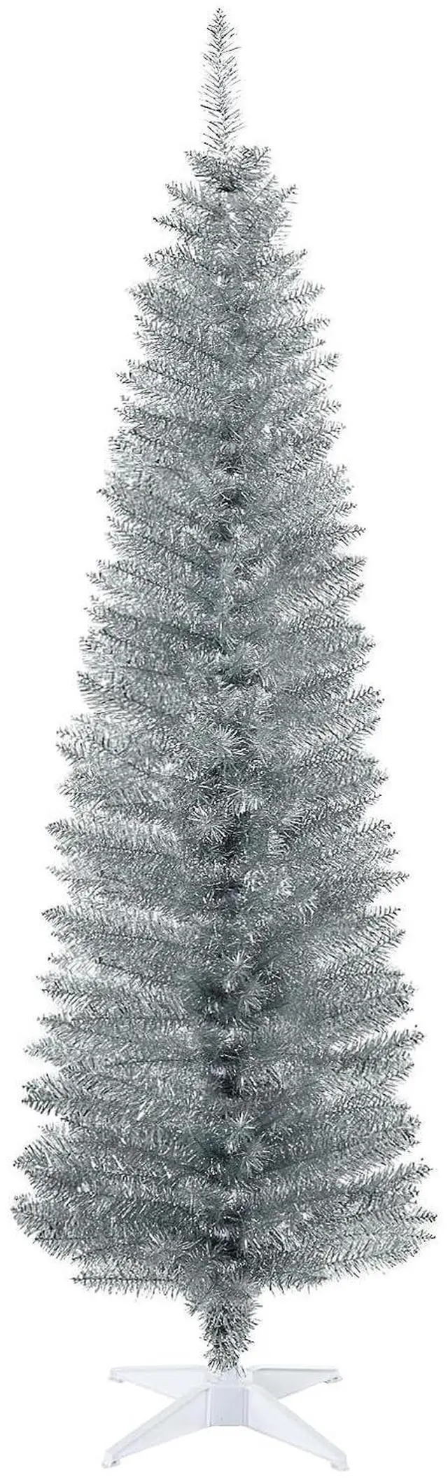 Main image of 6' Artificial Pencil Christmas Tree 390 Realistic Branch Tips Silver | Slim Xmas Tree, Plastic Stand
