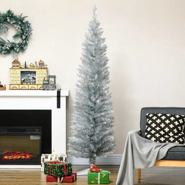 Alt view image 2 of 7 - 6' Artificial Pencil Christmas Tree 390 Realistic Branch Tips Silver | Slim Xmas Tree, Plastic Stand