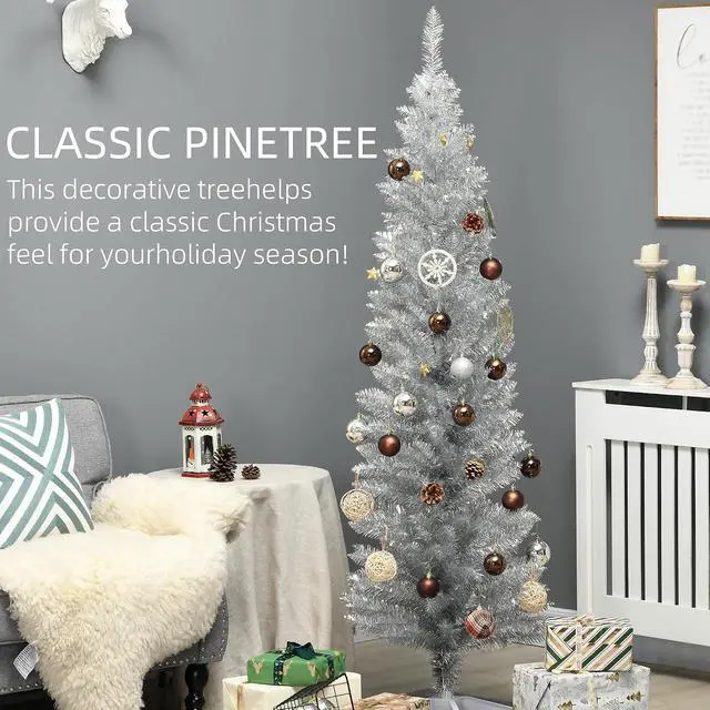 Alt view image 3 of 7 - 6' Artificial Pencil Christmas Tree 390 Realistic Branch Tips Silver | Slim Xmas Tree, Plastic Stand