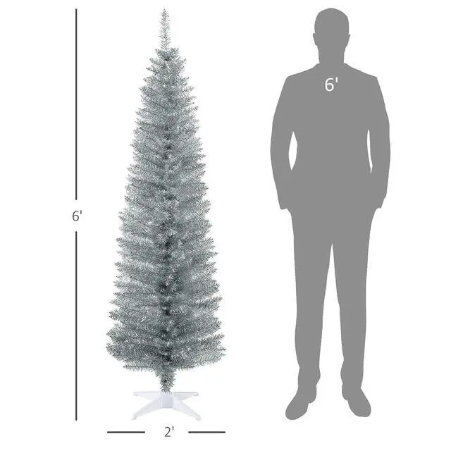 Alt view image 7 of 7 - 6' Artificial Pencil Christmas Tree 390 Realistic Branch Tips Silver | Slim Xmas Tree, Plastic Stand