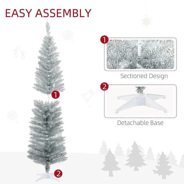 Alt view image 6 of 7 - 6' Artificial Pencil Christmas Tree 390 Realistic Branch Tips Silver | Slim Xmas Tree, Plastic Stand