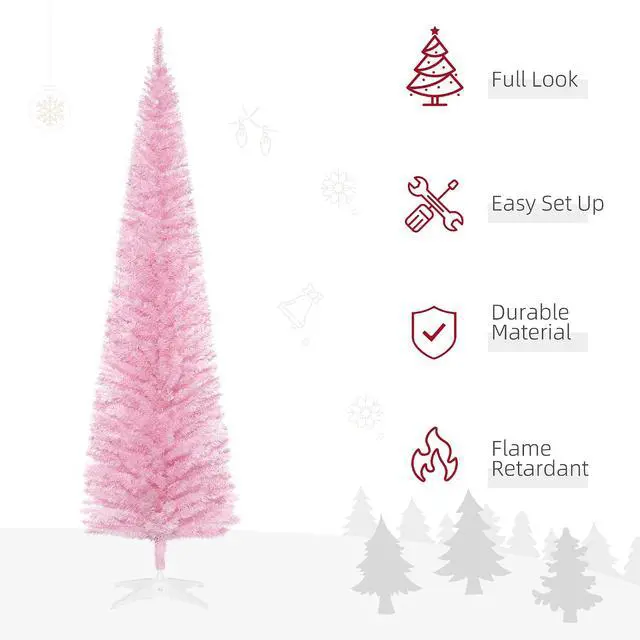 Alt view image 3 of 7 - 7' Artificial Pencil Christmas Tree, 499 Realistic Branch Tips, Pink | Slim Xmas Tree, Plastic Stand