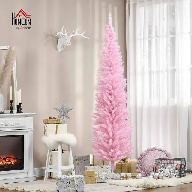 Alt view image 2 of 7 - 7' Artificial Pencil Christmas Tree, 499 Realistic Branch Tips, Pink | Slim Xmas Tree, Plastic Stand