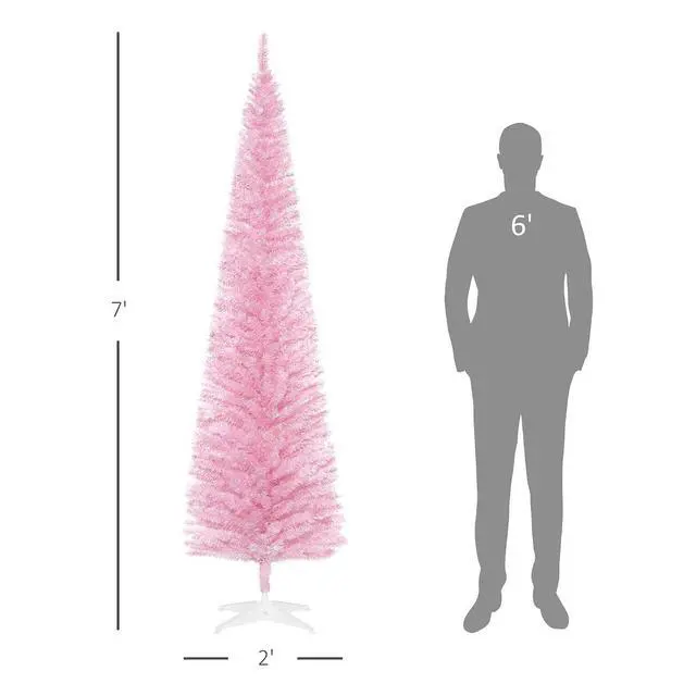 Alt view image 7 of 7 - 7' Artificial Pencil Christmas Tree, 499 Realistic Branch Tips, Pink | Slim Xmas Tree, Plastic Stand