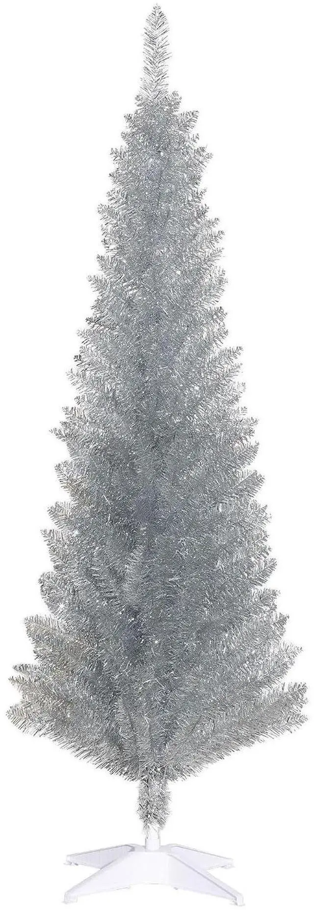 Main image of 5' Artificial Pencil Christmas Tree 294 Realistic Branch Tips Silver | Slim Xmas Tree, Plastic Stand