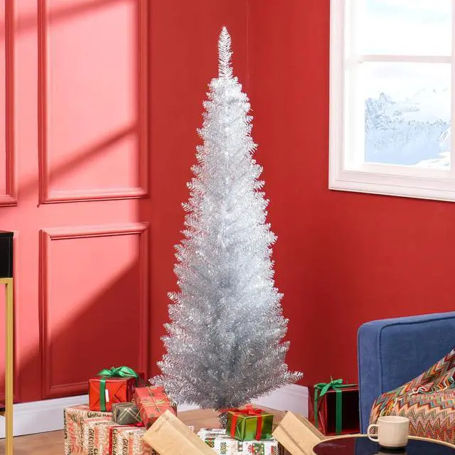 Alt view image 2 of 7 - 5' Artificial Pencil Christmas Tree 294 Realistic Branch Tips Silver | Slim Xmas Tree, Plastic Stand