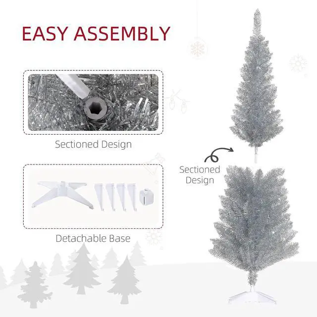 Alt view image 6 of 7 - 5' Artificial Pencil Christmas Tree 294 Realistic Branch Tips Silver | Slim Xmas Tree, Plastic Stand