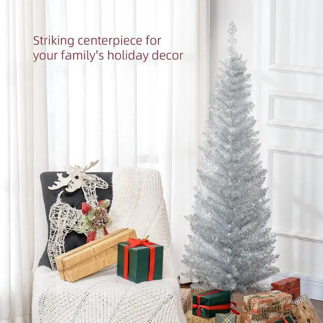 Alt view image 3 of 7 - 5' Artificial Pencil Christmas Tree 294 Realistic Branch Tips Silver | Slim Xmas Tree, Plastic Stand