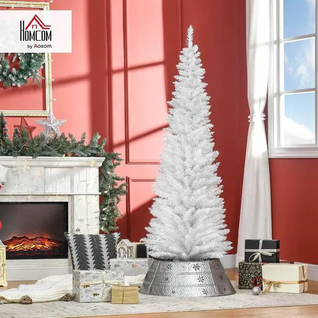 Alt view image 2 of 7 - 6' Artificial Pencil Christmas Tree, Slim, Plastic Stand, White | Slim Xmas Tree, 390 Realistic Branch Tips