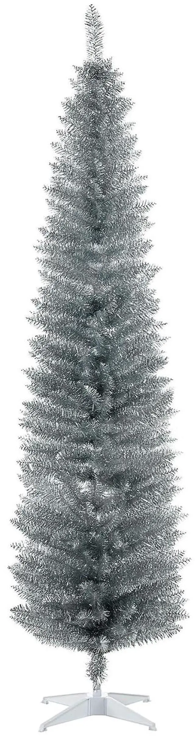 Main image of 7' Artificial Pencil Christmas Tree 499 Realistic Branch Tips Silver | Slim Xmas Tree, Plastic Stand