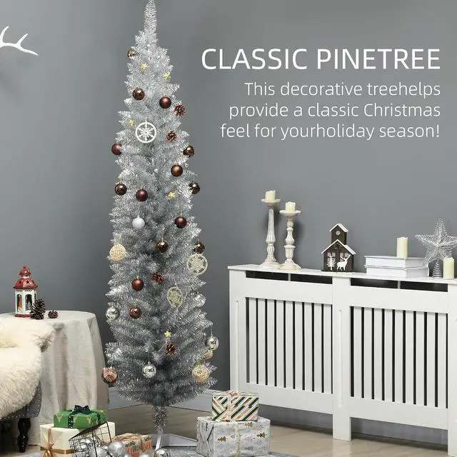 Alt view image 3 of 7 - 7' Artificial Pencil Christmas Tree 499 Realistic Branch Tips Silver | Slim Xmas Tree, Plastic Stand