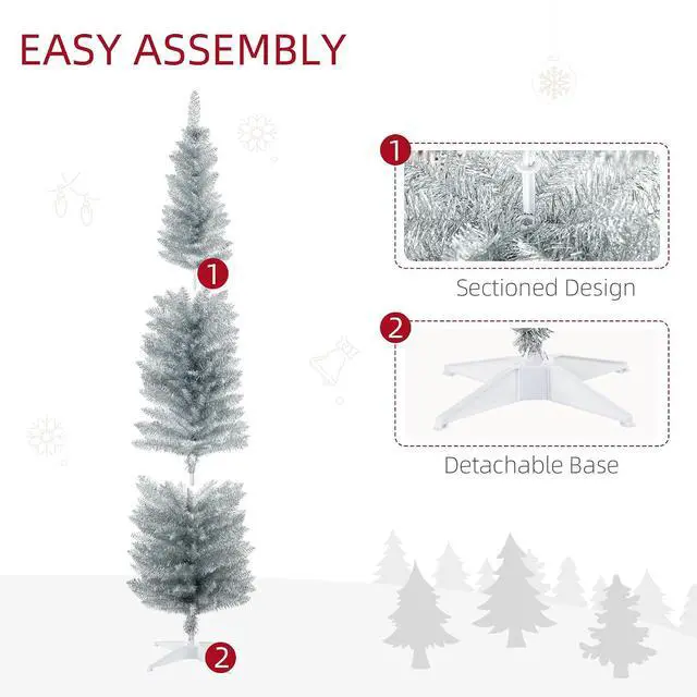 Alt view image 6 of 7 - 7' Artificial Pencil Christmas Tree 499 Realistic Branch Tips Silver | Slim Xmas Tree, Plastic Stand
