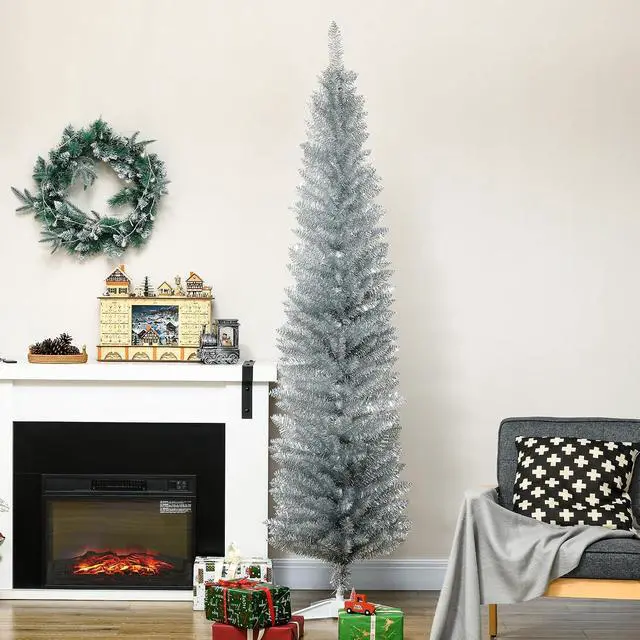 Alt view image 2 of 7 - 7' Artificial Pencil Christmas Tree 499 Realistic Branch Tips Silver | Slim Xmas Tree, Plastic Stand