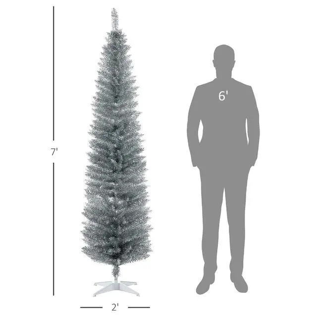Alt view image 7 of 7 - 7' Artificial Pencil Christmas Tree 499 Realistic Branch Tips Silver | Slim Xmas Tree, Plastic Stand