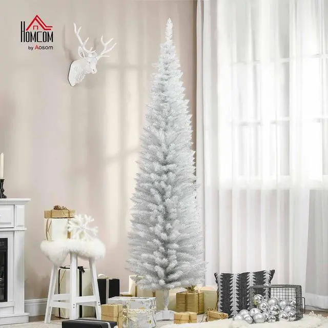 Alt view image 2 of 7 - 7' Artificial Pencil Christmas Tree 499 Realistic Branch Tips White | Slim Xmas Tree, Plastic Stand