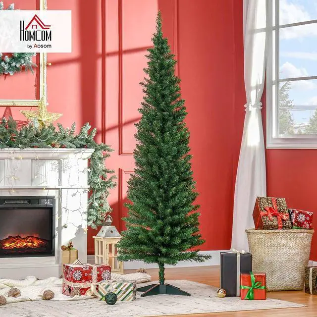 Alt view image 2 of 7 - 6' Artificial Pencil Christmas Tree 390 Realistic Branch Tips Green | 499 Realistic Branch Tips, Slim Xmas Tree, Plastic Stand