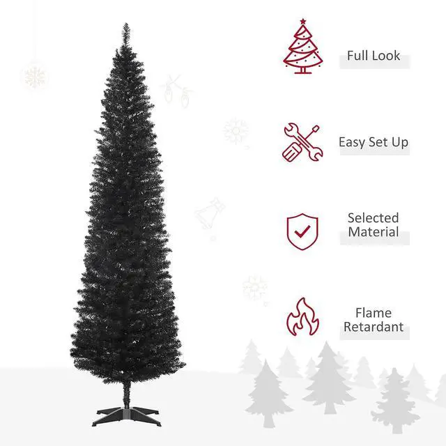 Alt view image 3 of 7 - 7' Artificial Pencil Christmas Tree 499 Realistic Branch Tips Black | Slim Xmas Tree, Plastic Stand