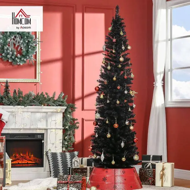 Alt view image 2 of 7 - 7' Artificial Pencil Christmas Tree 499 Realistic Branch Tips Black | Slim Xmas Tree, Plastic Stand