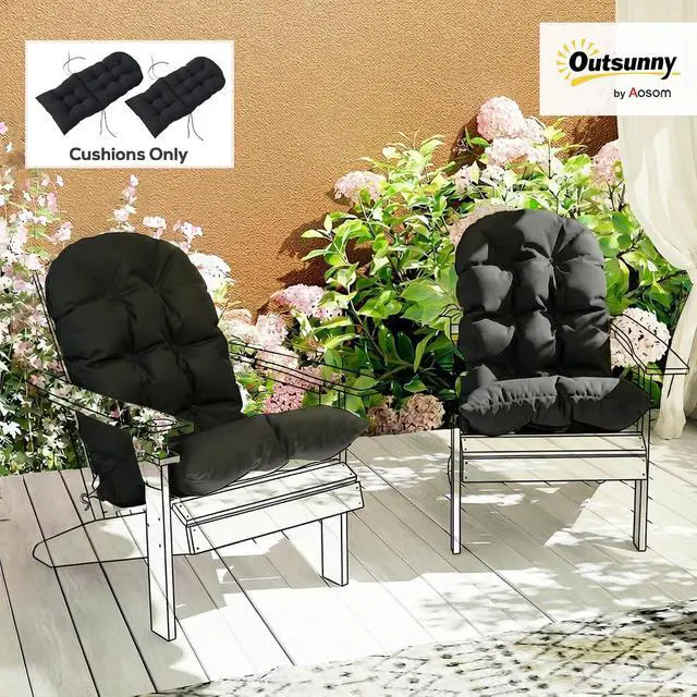 Alt view image 2 of 7 - Outdoor Adirondack Chair Cushions Set of 2 Tufted Black | High Back, Patio Cushions with Ties, Non-Slip Replacement Seat Pads, for Adirondack Chairs