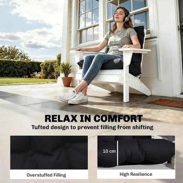Alt view image 3 of 7 - Outdoor Adirondack Chair Cushions Set of 2 Tufted Black | High Back, Patio Cushions with Ties, Non-Slip Replacement Seat Pads, for Adirondack Chairs