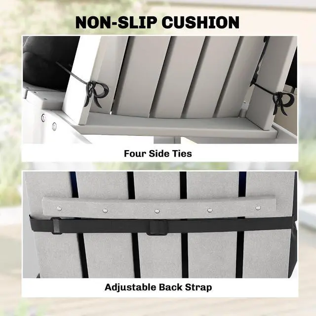 Alt view image 5 of 7 - Outdoor Adirondack Chair Cushions Set of 2 Tufted Black | High Back, Patio Cushions with Ties, Non-Slip Replacement Seat Pads, for Adirondack Chairs