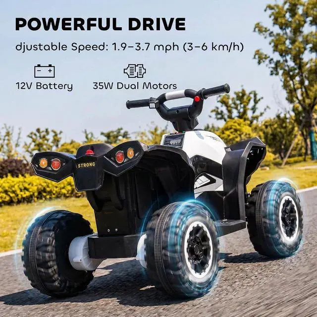 Alt view image 3 of 7 - 12V Kids ATV Quad Car, 4 Wheeler, Forward & Backward Function, White | Wear-Resistant Wheels, Music, Up to 3.7 MPH, Electric Ride-on ATV, for Toddlers Ages 3+ Years Old