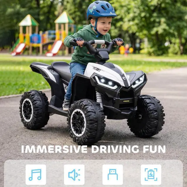 Alt view image 5 of 7 - 12V Kids ATV Quad Car, 4 Wheeler, Forward & Backward Function, White | Wear-Resistant Wheels, Music, Up to 3.7 MPH, Electric Ride-on ATV, for Toddlers Ages 3+ Years Old