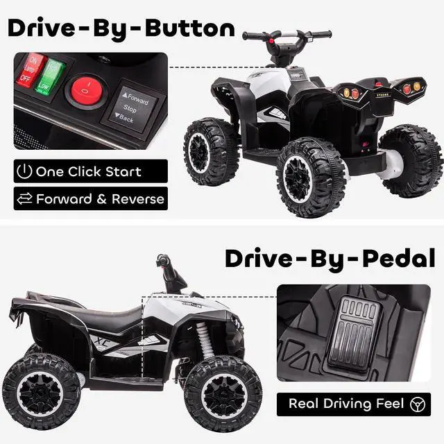 Alt view image 6 of 7 - 12V Kids ATV Quad Car, 4 Wheeler, Forward & Backward Function, White | Wear-Resistant Wheels, Music, Up to 3.7 MPH, Electric Ride-on ATV, for Toddlers Ages 3+ Years Old