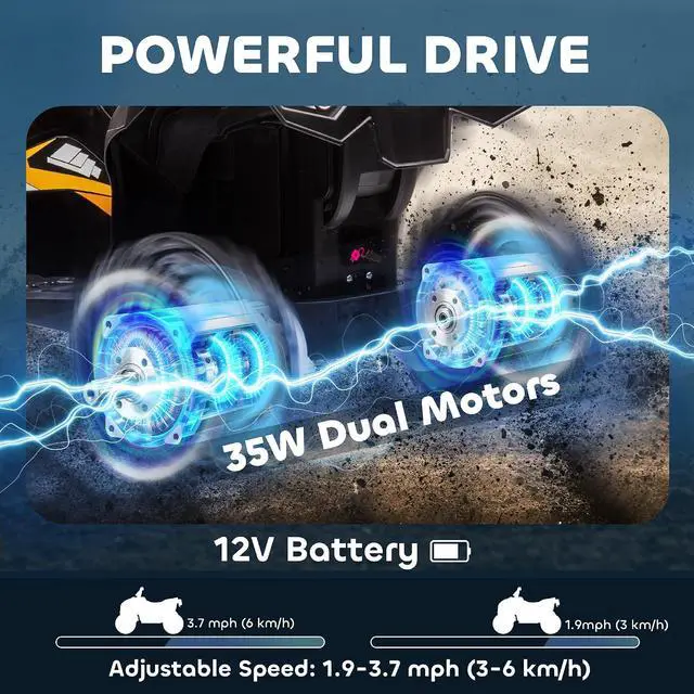 Alt view image 3 of 7 - 12V Kids ATV Quad Car with Forward & Backward Function Ages 3+ Yellow | Four Wheeler for Kids, Wear-Resistant Wheels, Music, Up to 3.7 MPH, Electric Ride-on ATV for Toddlers