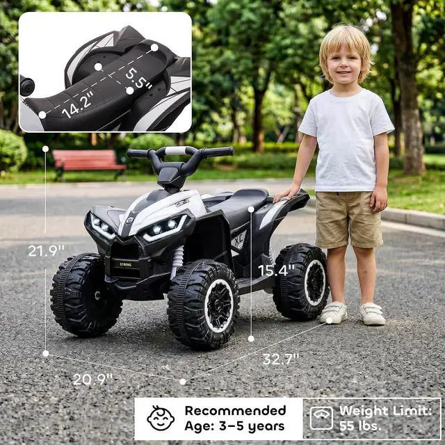 Alt view image 7 of 7 - 12V Kids ATV Quad Car, 4 Wheeler, Forward & Backward Function, White | Wear-Resistant Wheels, Music, Up to 3.7 MPH, Electric Ride-on ATV, for Toddlers Ages 3+ Years Old