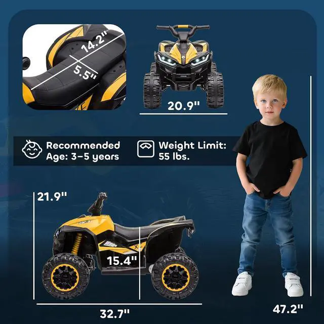 Alt view image 7 of 7 - 12V Kids ATV Quad Car with Forward & Backward Function Ages 3+ Yellow | Four Wheeler for Kids, Wear-Resistant Wheels, Music, Up to 3.7 MPH, Electric Ride-on ATV for Toddlers