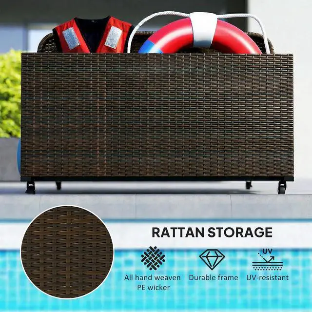 Alt view image 5 of 7 - Wicker Patio Pool Float Storage Basket Rolling Wheels Mixed Brown | PE Rattan Outdoor Pool Caddy, for Floaties, Noodles, Life Vests, Beach Balls, Garden Furniture