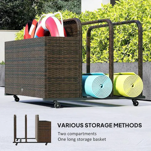Alt view image 4 of 7 - Wicker Patio Pool Float Storage Basket Rolling Wheels Mixed Brown | PE Rattan Outdoor Pool Caddy, for Floaties, Noodles, Life Vests, Beach Balls, Garden Furniture