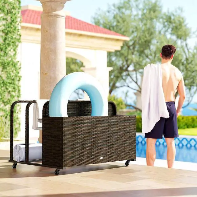 Alt view image 6 of 7 - Wicker Patio Pool Float Storage Basket Rolling Wheels Mixed Brown | PE Rattan Outdoor Pool Caddy, for Floaties, Noodles, Life Vests, Beach Balls, Garden Furniture