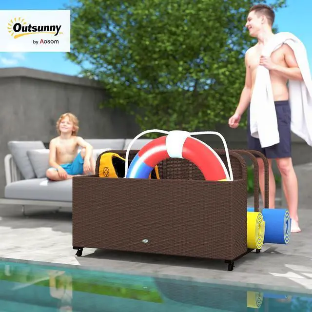 Alt view image 2 of 7 - Wicker Patio Pool Float Storage Basket Rolling Wheels Brown | PE Rattan Outdoor Pool Caddy, for Floaties, Noodles, Life Vests, Beach Balls, Garden Furniture