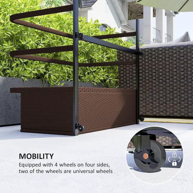 Alt view image 3 of 7 - Wicker Patio Pool Float Storage Basket Rolling Wheels Brown | PE Rattan Outdoor Pool Caddy, for Floaties, Noodles, Life Vests, Beach Balls, Garden Furniture