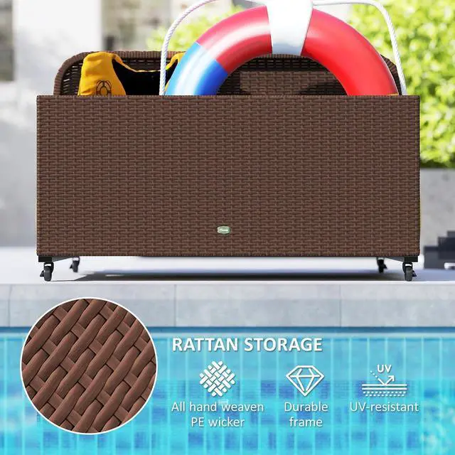 Alt view image 5 of 7 - Wicker Patio Pool Float Storage Basket Rolling Wheels Brown | PE Rattan Outdoor Pool Caddy, for Floaties, Noodles, Life Vests, Beach Balls, Garden Furniture