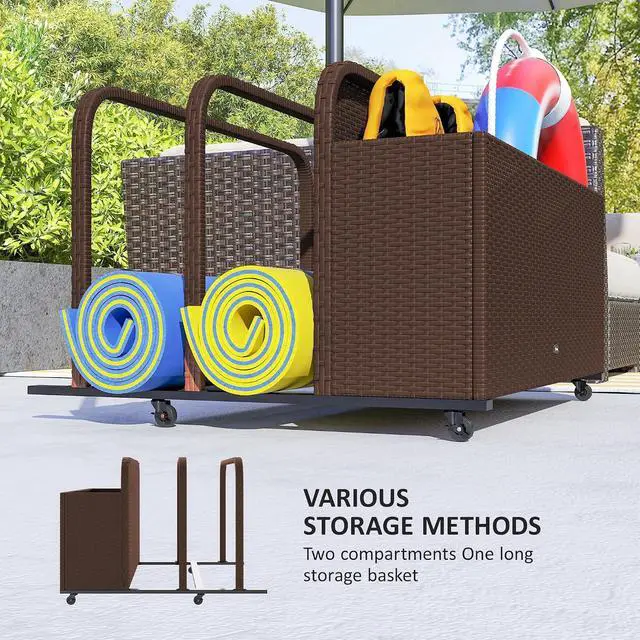 Alt view image 4 of 7 - Wicker Patio Pool Float Storage Basket Rolling Wheels Brown | PE Rattan Outdoor Pool Caddy, for Floaties, Noodles, Life Vests, Beach Balls, Garden Furniture