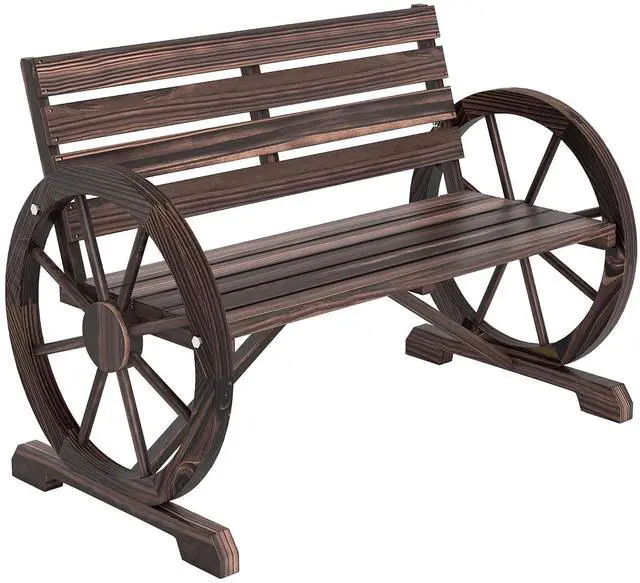 Main image of 41" Wooden Wagon Wheel Bench Rustic Outdoor 2-Person Carbonized | Patio Bench, Weather Resistance Furniture, Slatted Seat with Backrest