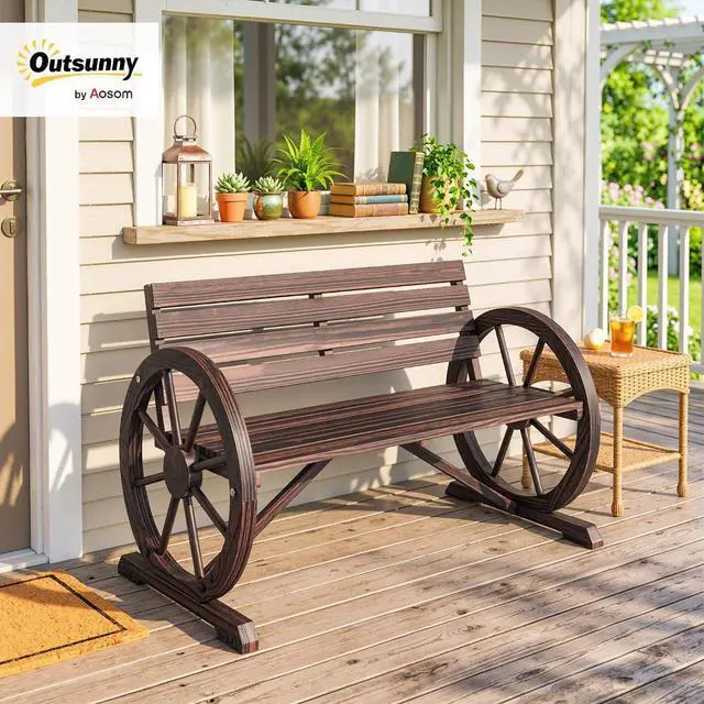 Alt view image 2 of 7 - 41" Wooden Wagon Wheel Bench Rustic Outdoor 2-Person Carbonized | Patio Bench, Weather Resistance Furniture, Slatted Seat with Backrest