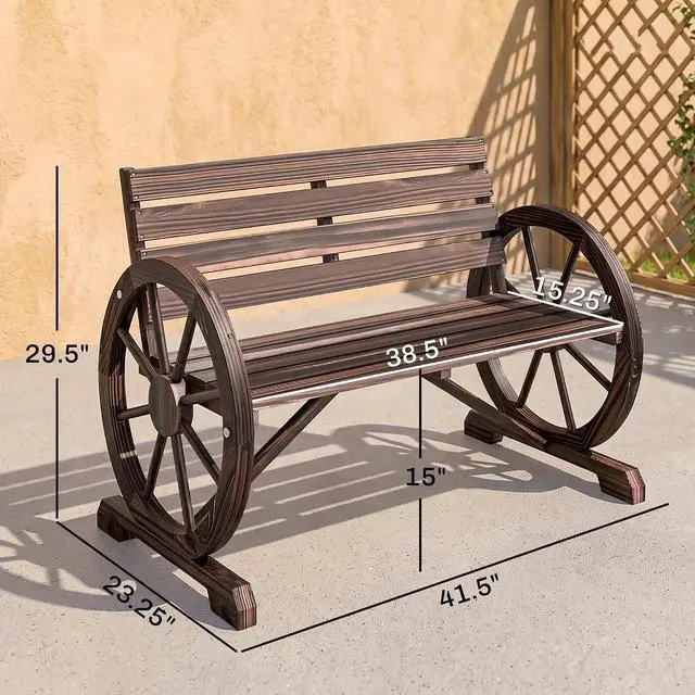 Alt view image 3 of 7 - 41" Wooden Wagon Wheel Bench Rustic Outdoor 2-Person Carbonized | Patio Bench, Weather Resistance Furniture, Slatted Seat with Backrest