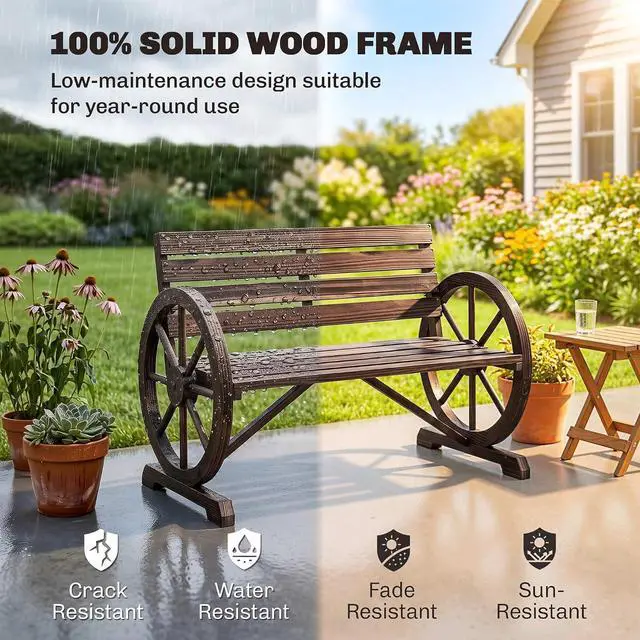 Alt view image 4 of 7 - 41" Wooden Wagon Wheel Bench Rustic Outdoor 2-Person Carbonized | Patio Bench, Weather Resistance Furniture, Slatted Seat with Backrest
