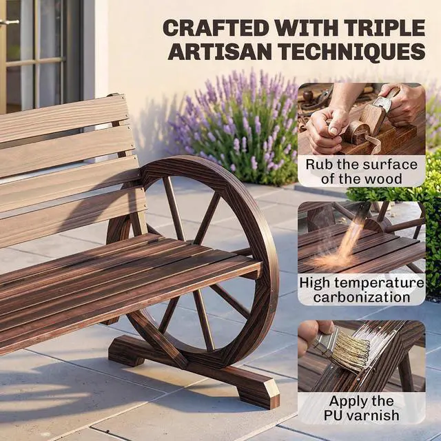 Alt view image 5 of 7 - 41" Wooden Wagon Wheel Bench Rustic Outdoor 2-Person Carbonized | Patio Bench, Weather Resistance Furniture, Slatted Seat with Backrest