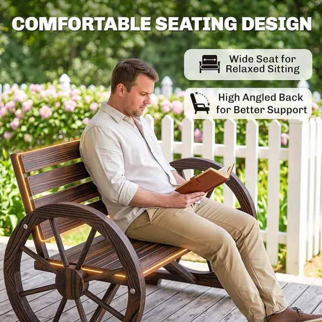 Alt view image 7 of 7 - 41" Wooden Wagon Wheel Bench Rustic Outdoor 2-Person Carbonized | Patio Bench, Weather Resistance Furniture, Slatted Seat with Backrest