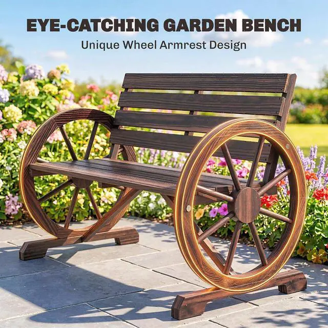 Alt view image 6 of 7 - 41" Wooden Wagon Wheel Bench Rustic Outdoor 2-Person Carbonized | Patio Bench, Weather Resistance Furniture, Slatted Seat with Backrest