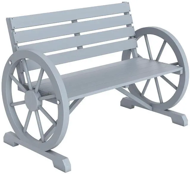 Main image of 41" Wooden Outdoor Bench Rustic Wagon Wheel Light Gray | Garden Bench, Patio Slatted Seat, Backrest, Reinforced Bottom Support, Weather Resistance Furniture, for Outside Lawn Yard