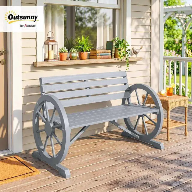 Alt view image 2 of 7 - 41" Wooden Outdoor Bench Rustic Wagon Wheel Light Gray | Garden Bench, Patio Slatted Seat, Backrest, Reinforced Bottom Support, Weather Resistance Furniture, for Outside Lawn Yard