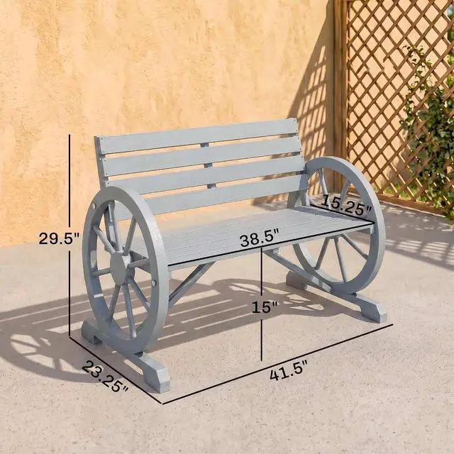 Alt view image 3 of 7 - 41" Wooden Outdoor Bench Rustic Wagon Wheel Light Gray | Garden Bench, Patio Slatted Seat, Backrest, Reinforced Bottom Support, Weather Resistance Furniture, for Outside Lawn Yard